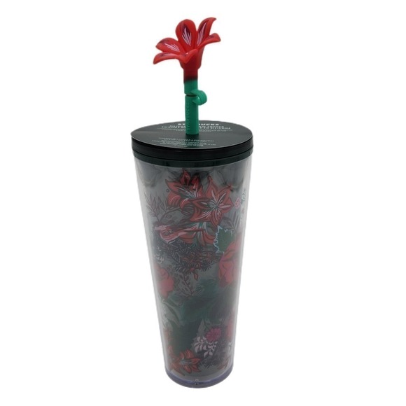 Holiday Starbucks Enchanted Forest Venti Tumbler Green Red Flower Straw Topper - Picture 3 of 7